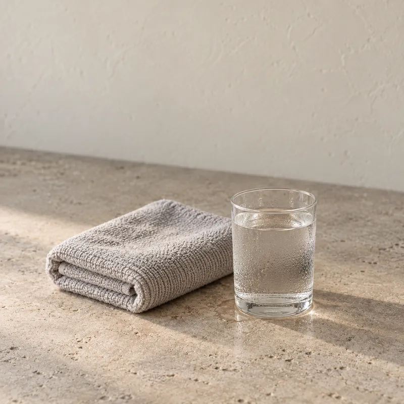 A folded grey towel and a glass of water