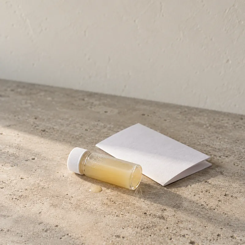 A sample vial of kava beside a blank folded sheet of paper