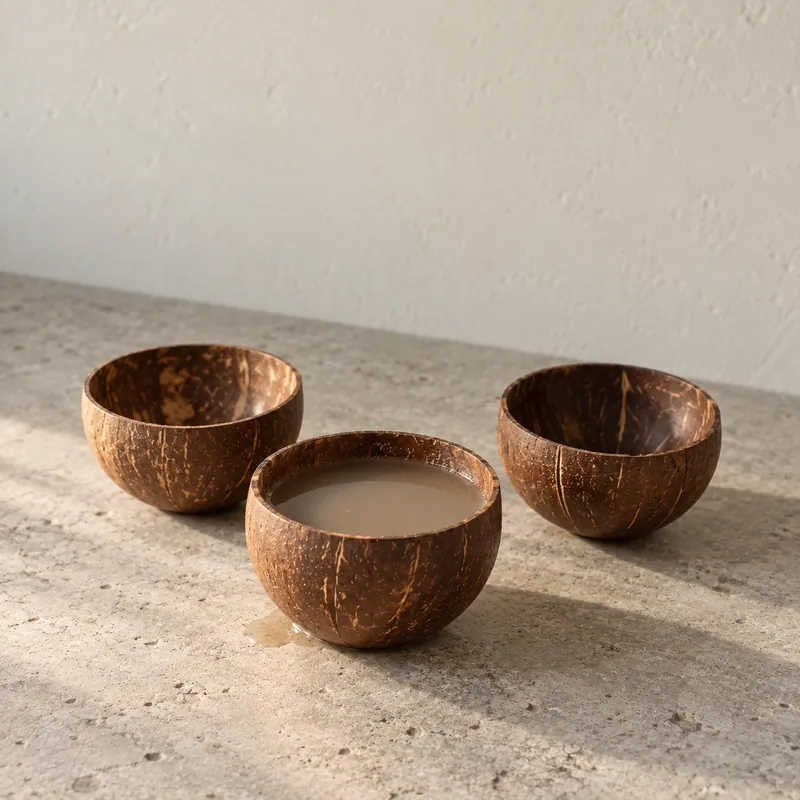 Three coconut-shell cups in a row, one filled with kava