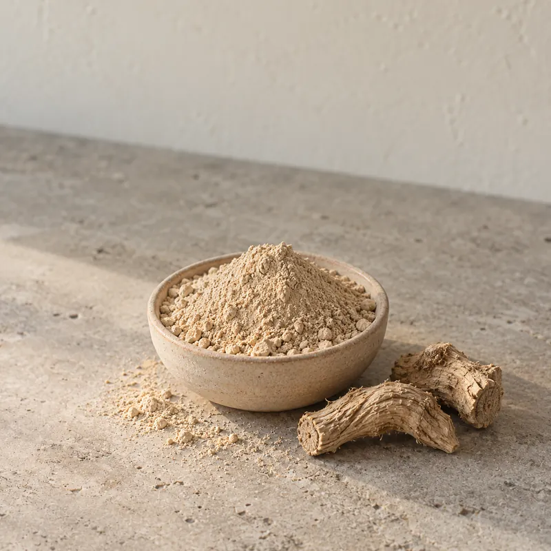 A small bowl of ground kava root with two dried root pieces
