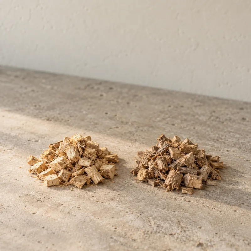 Two small heaps of dried kava root, one paler than the other