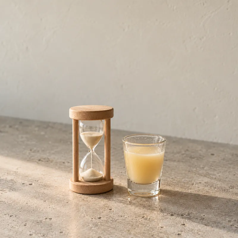 An hourglass beside a shot of Kava Moon Signature