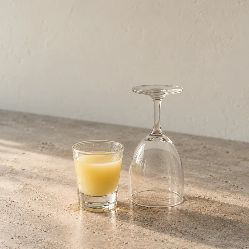 A shot of Kava Moon Signature beside an upturned wine glass