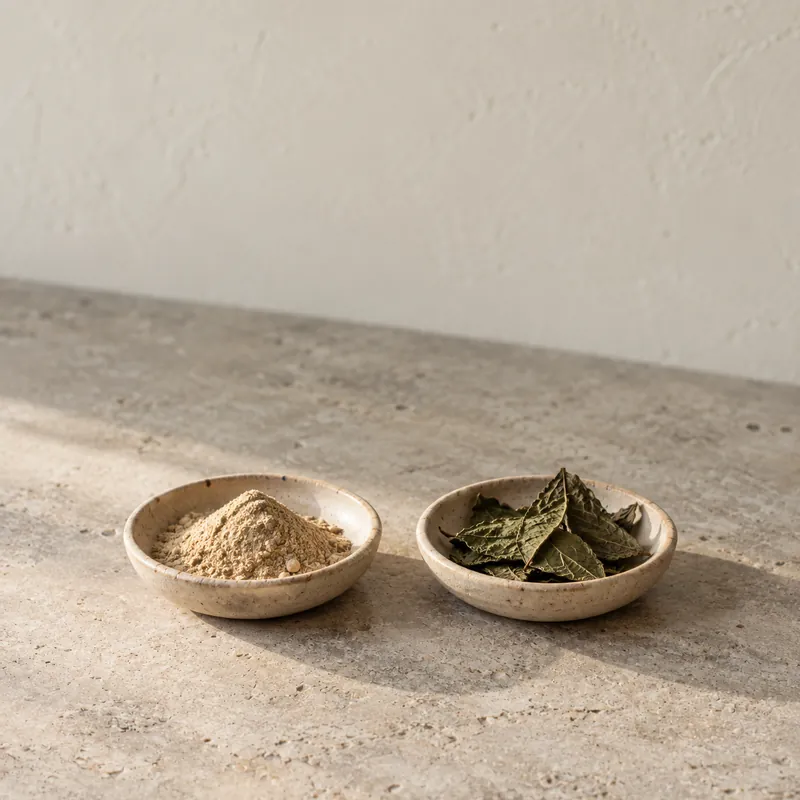 Kava root powder and dried green leaves in two small dishes