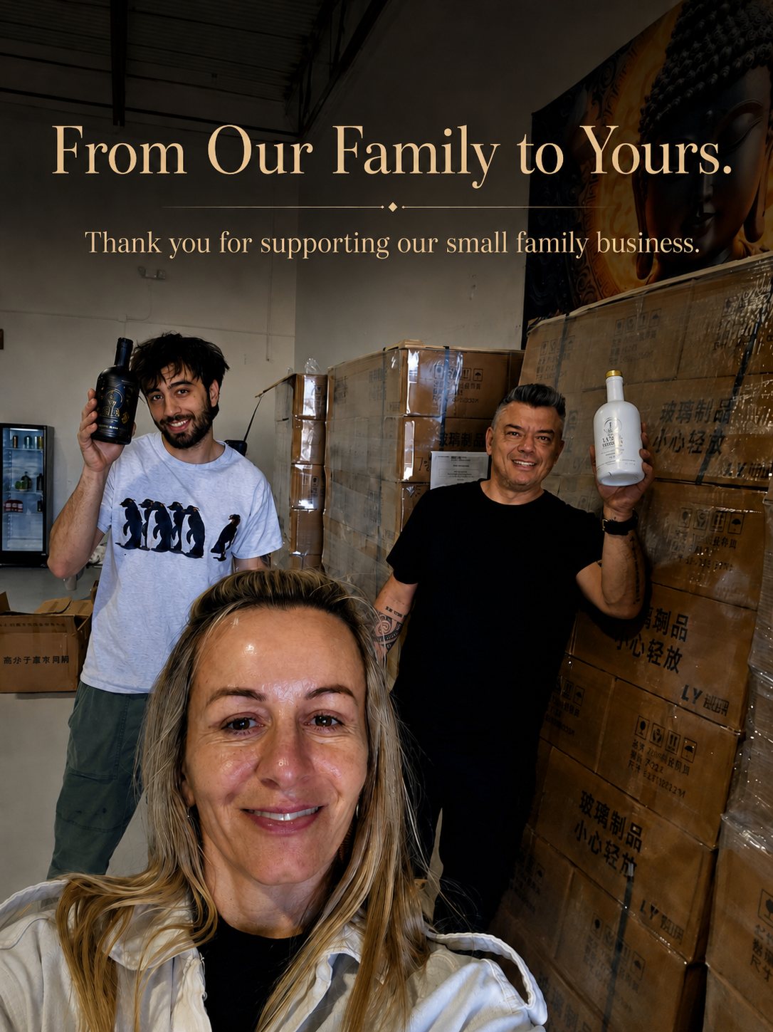 The Kava Moon family in the warehouse, holding bottles of our Signature and Pure Canvas kava