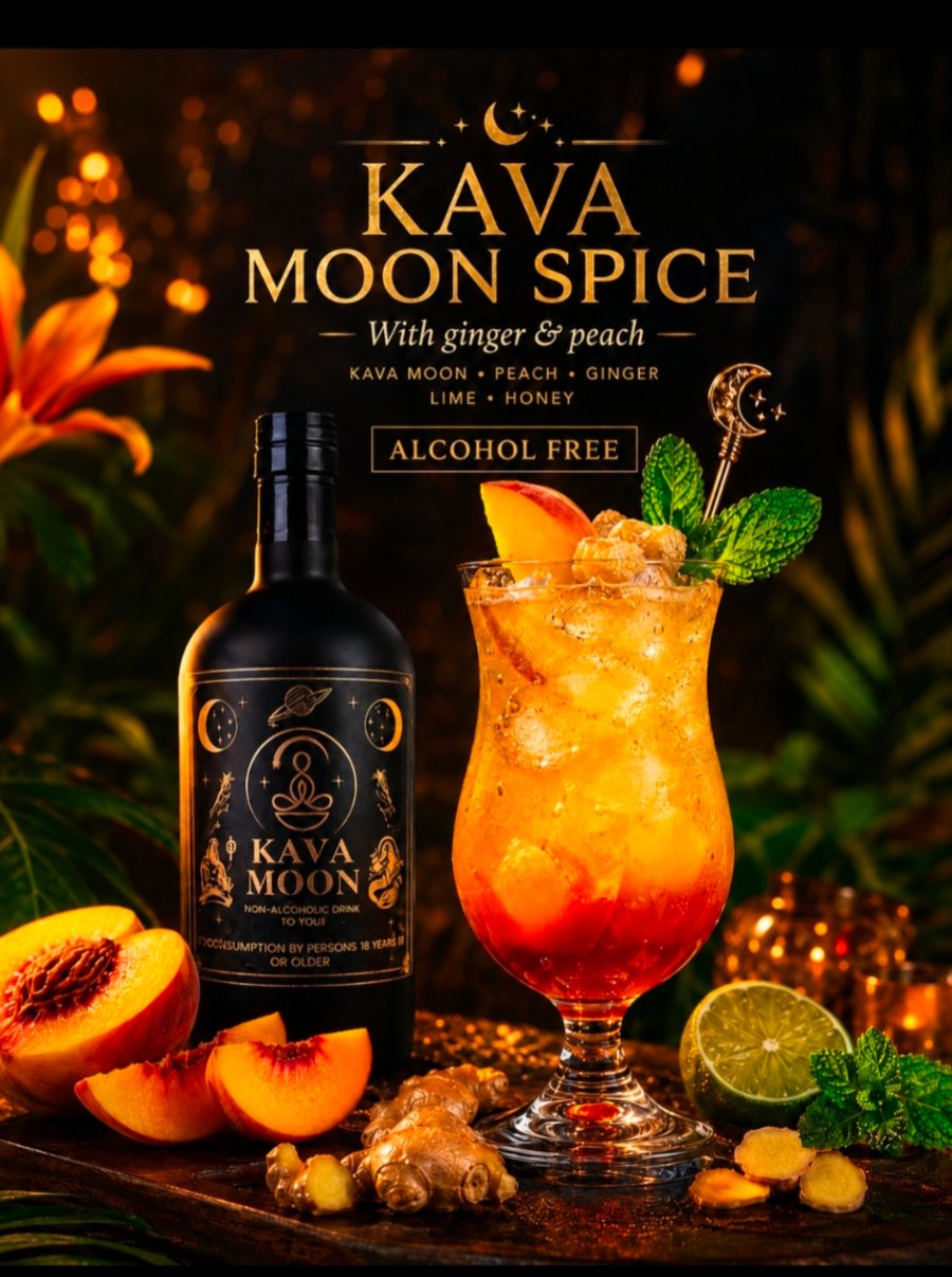 Kava Moon Spice mocktail with ginger and peach, garnished with peach slices and mint, next to a Kava Moon bottle