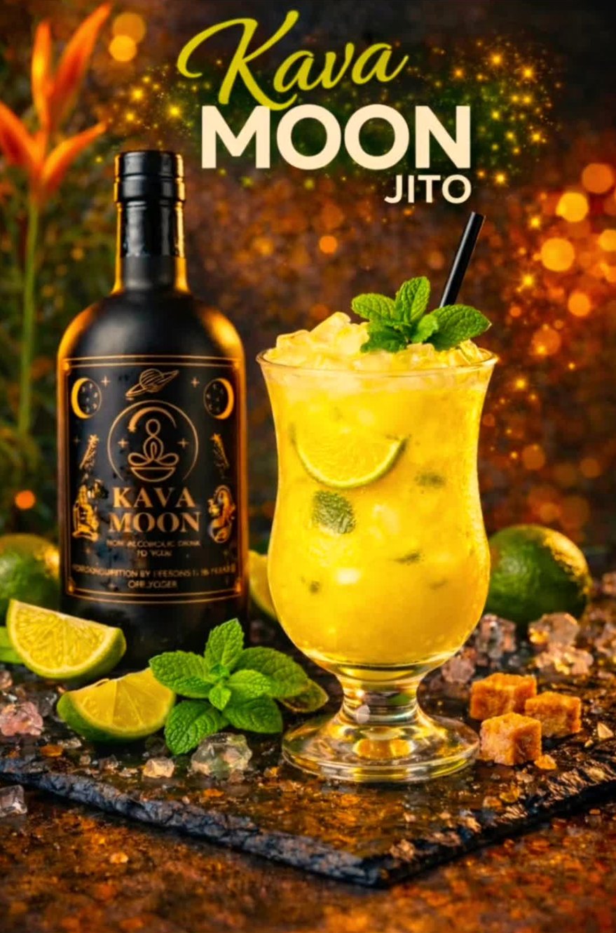 Kava MOONjito mocktail with crushed ice, mint and lime, next to a Kava Moon bottle