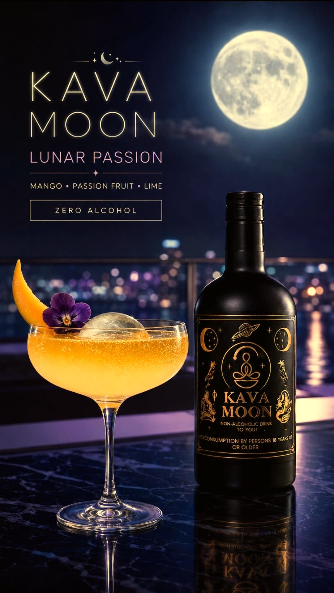 Lunar Passion kava mocktail in a coupe glass with mango and an edible flower, next to a Kava Moon bottle under a full moon