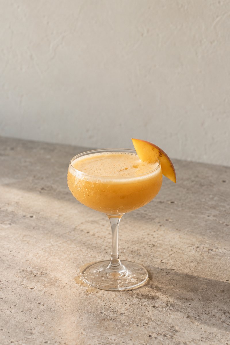 Lunar Passion mocktail in a coupe glass with mango garnish on a stone counter against a beige wall