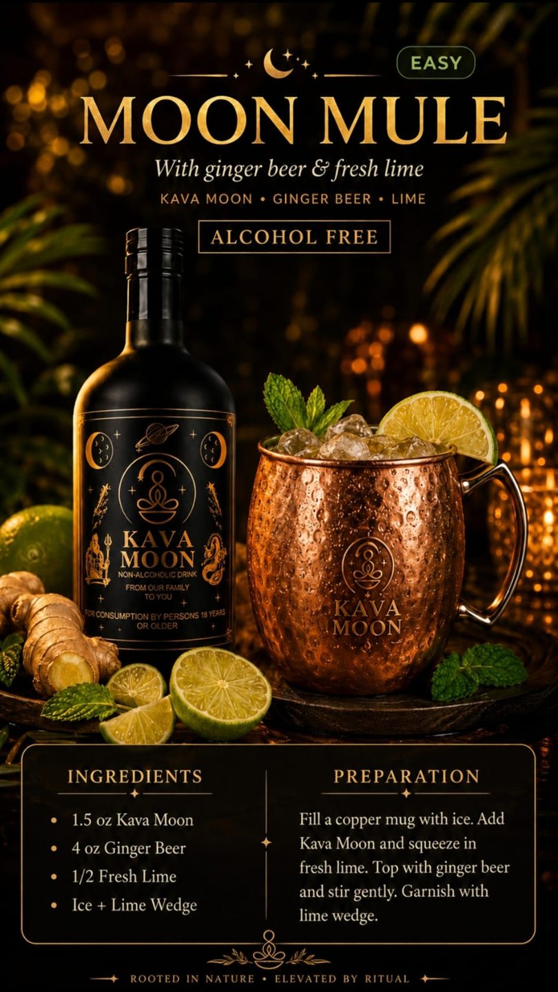Moon Mule mocktail in a copper mug with crushed ice, fresh lime and mint, next to a Kava Moon bottle and fresh ginger