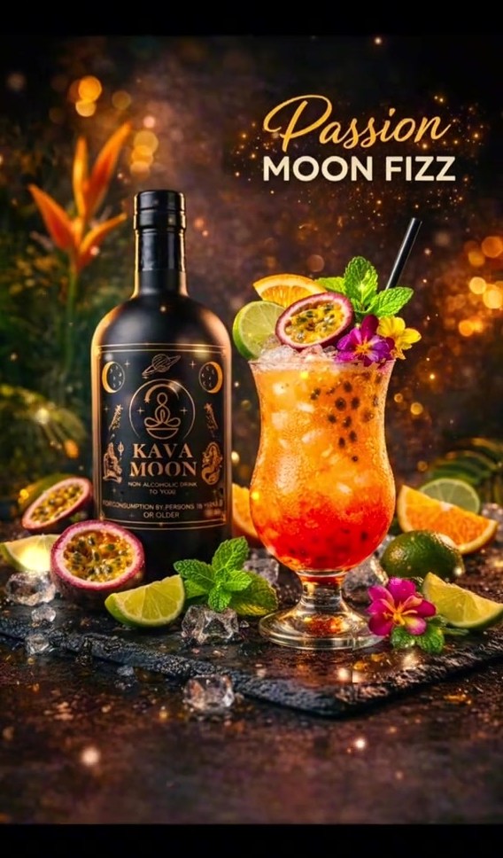 Passion Moon Fizz mocktail garnished with passion fruit, orange and mint, next to a Kava Moon bottle