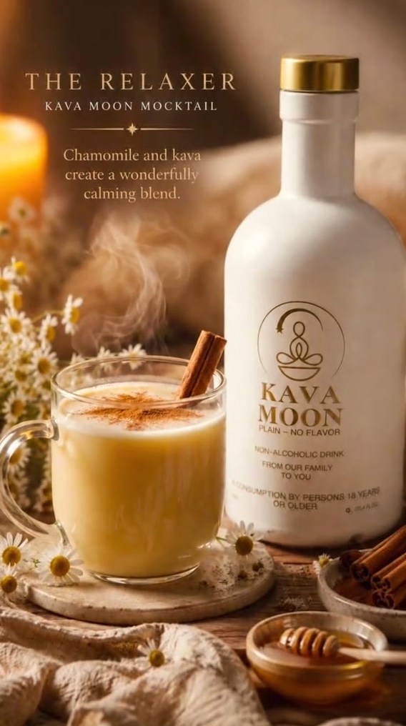 The Relaxer warm kava mocktail in a glass mug with cinnamon, chamomile flowers and a Kava Moon Plain bottle