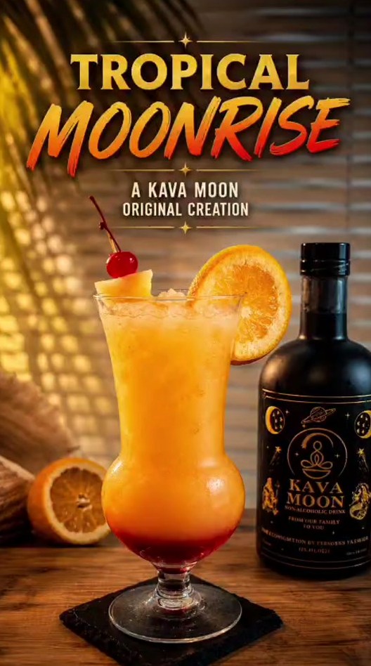 Tropical Moonrise kava mocktail in a hurricane glass with orange, pineapple and cherry garnish, next to a Kava Moon bottle