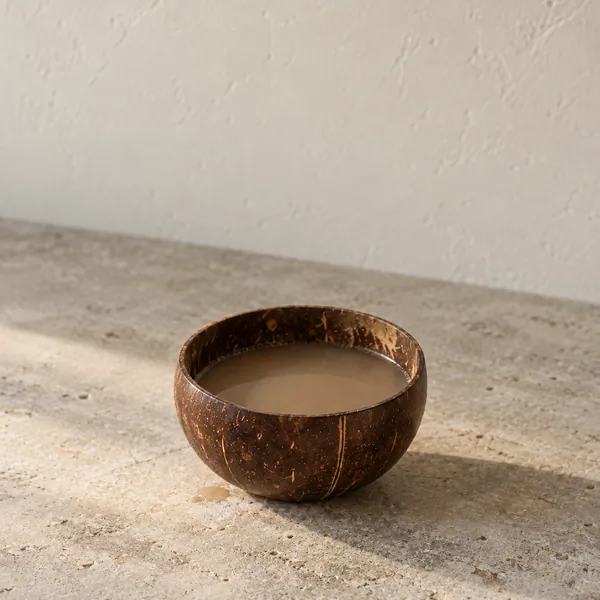 A coconut-shell cup of traditional kava on a stone counter