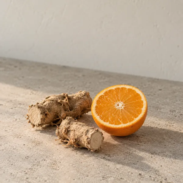 Pieces of dried kava root beside half an orange on a stone counter