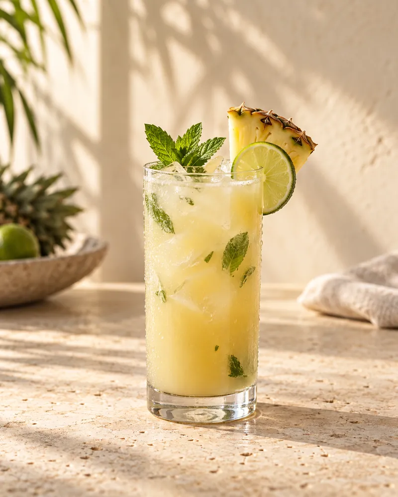 A tall glass of Kava Moon mixed with pineapple juice over ice, with mint and a lime wheel