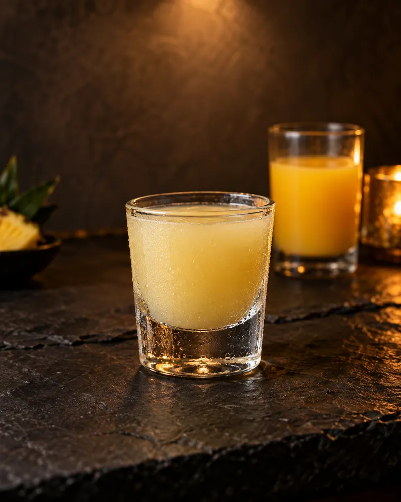 A chilled 1.5 oz shot of Kava Moon on slate, with a small glass of orange juice as a chaser